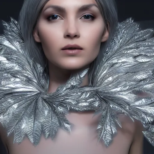 Prompt: a highly detailed digital image of a futuristic elegant woman wrapped with silver leaves, artstation, extremely detailed woman, stunning volumetric lighting, unreal engine 4k, 8k