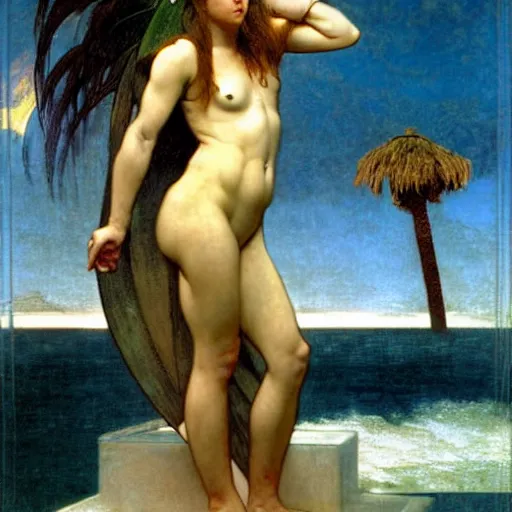 Image similar to Demon girl at the giant column, thunderstorm, greek pool, beach and palm trees on the background major arcana sky, by paul delaroche, alphonse mucha and arnold böcklin arnold böcklin hyperrealistic 8k, very detailed