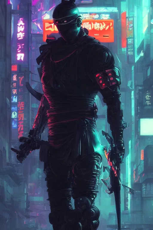 Image similar to portrait of ninja slayer, japan, in cyberpunk, neon lighting, night city, digital art from artstation by Ruan Jia and Mandy Jurgens and Artgerm and william-adolphe bouguereau and Greg Rutkowski