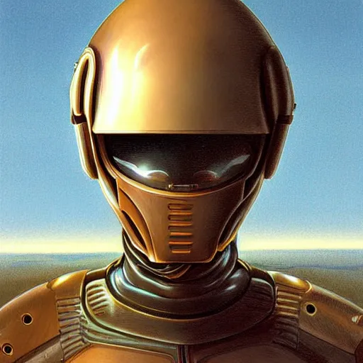 Prompt: self portrait of a Macintosh II with cape, helmet and beige body armor, digital art, realistic, ultradetailed, concept art, art in the style of Alien by Peter Elson, trending on artstation, r/cassettefuturism, cgsociety