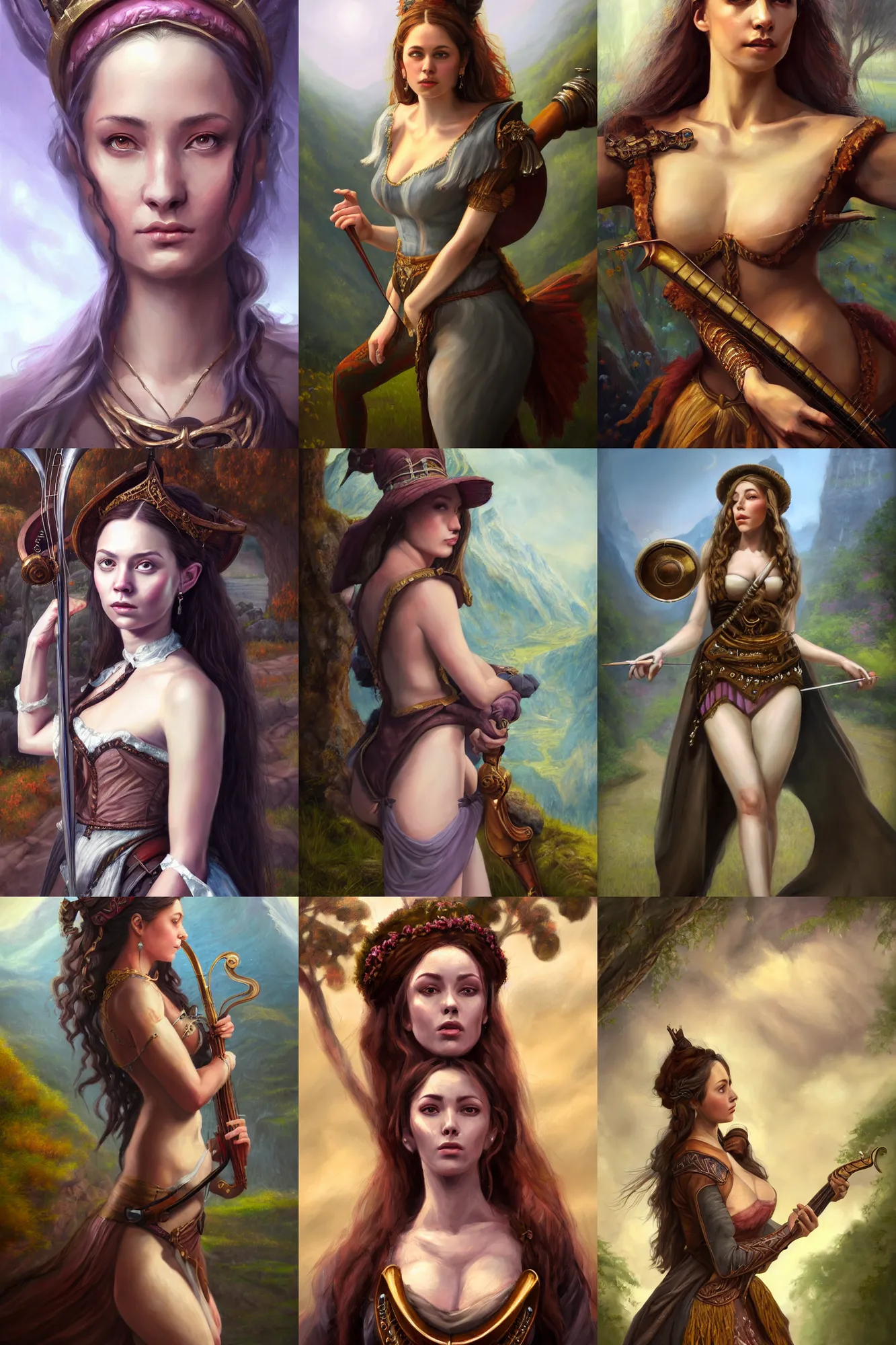 Prompt: a full body high detail fantasy portrait oil painting illustration of a single beautiful sophisticated bard woman by justin sweet with face and body clearly visible, in a scenic background, pretty eyes, realistic proportions, d & d, rpg, forgotten realms, artstation trending, high quality, sombre mood, artstation trending, muted colours, entire person visible!