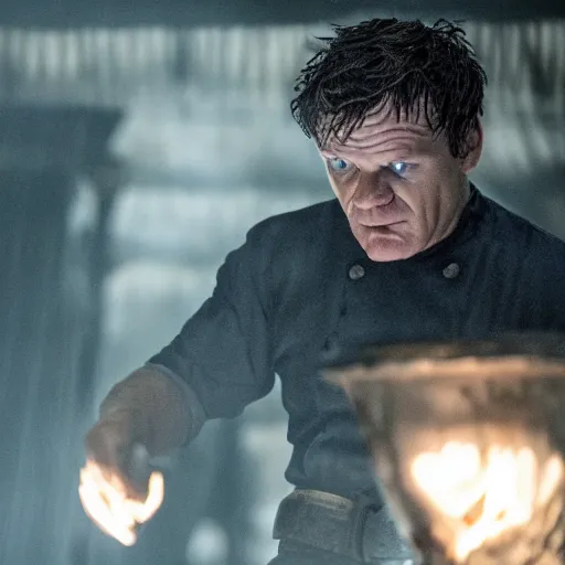 Prompt: gordon ramsey as ramsay bolton in game of thrones, 4 k, epic, cinematic, focus, movie still, fantasy, serious, extreme detail, atmospheric, dark colour, sharp focus