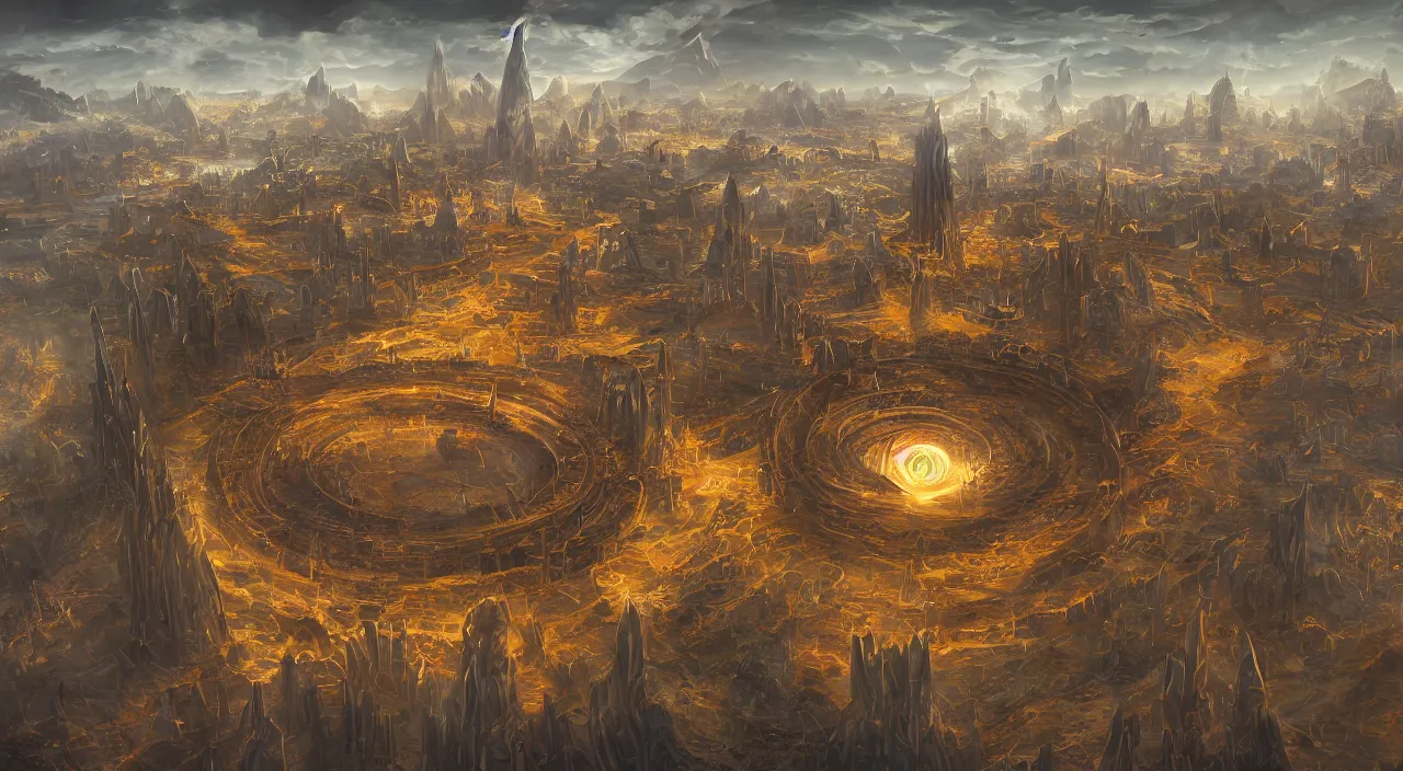 Image similar to beautiful digital painting of sigil, the city of doors, located atop the spire in the outlands. it has the shape of a torus, and the city itself is located on the inner surface of the ring. there is no sky, simply an all - pervasive light that waxes and wanes to create day and night.