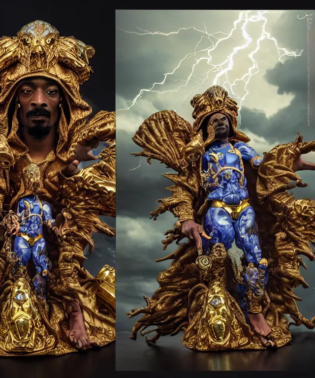 Image similar to hyperrealistic rendering, epic boss battle, ornate supreme snoop dogg, jewel crown, battle armor, by art of skinner and richard corben and artgerm and greg rutkowski and alphonse mucha, product photography, action figure, sofubi, storm clouds, outside, lightning