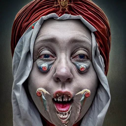 Image similar to the blasphemous caricature of the human face, hyperealistic detailed photography, divinity, awful, religious art