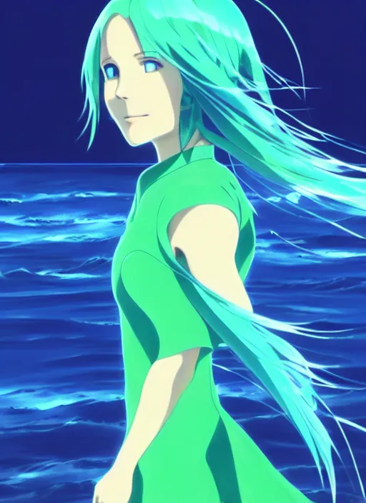 Image similar to makoto shinkai, ilya kuvshinov, beautiful kristen bell with green dress, very long blue hair, water powers water swirling, symmetrical face, symmetrical eyes, detailed, beach setting, cinematic lighting