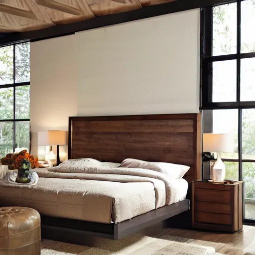 Image similar to award-winning catalog photo modern light wooden headboard in the shape of an ornate fireplace mantel master bedroom