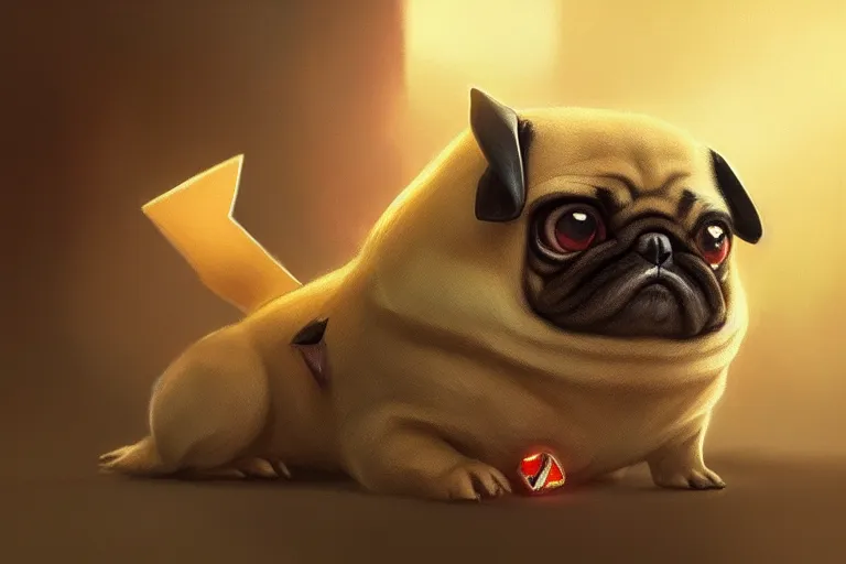 Image similar to photography of pikachu pug, deep focus, d & d, intricate, elegant, highly detailed, digital painting, artstation, concept art, matte, sharp focus, illustration, hearthstone, art by artgerm and greg rutkowski and alphonse mucha