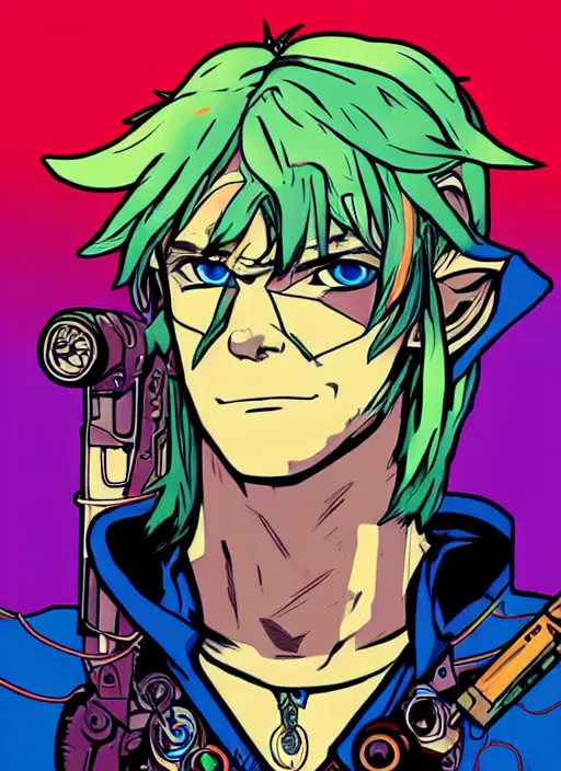 Image similar to cyberpunk link from zelda!! cyborg portrait illustration, pop art, splash painting, art by geof darrow, ashley wood, alphonse mucha, makoto shinkai