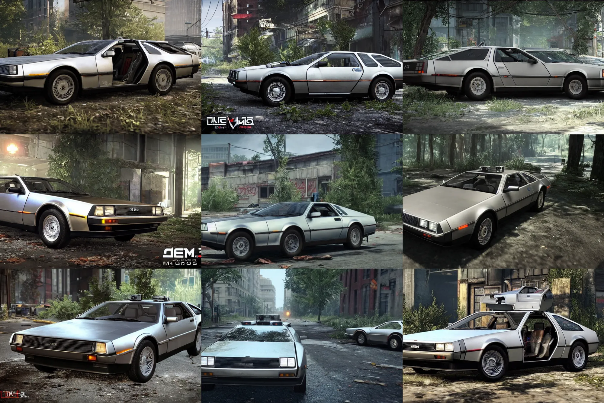 Prompt: a screenshot of a silver dmc delorean in the video game the last of us. 3 d rendering. unreal engine. very detailed.