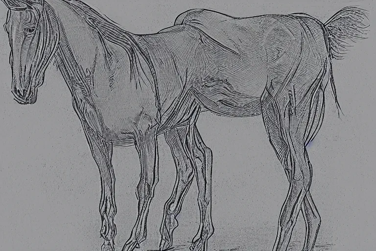 Image similar to in the style of neurographic drawing of a field of horse