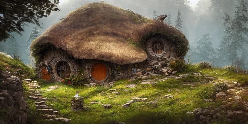 Image similar to a hobbit cottage on top of a steep hill, greg rutkowski, zabrocki, moebius, karlkka, jayison devadas, trending on artstation, 8 k, ultra wide angle, zenith view, pincushion lens effect