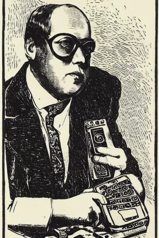 Prompt: Robert Ingersoll wearing cool glasses and a Sony Walkman, wood block print, Victorian style