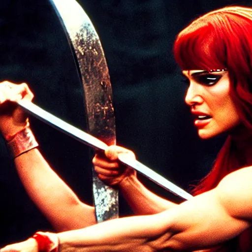 Image similar to natalie portman as red sonja, fight scene