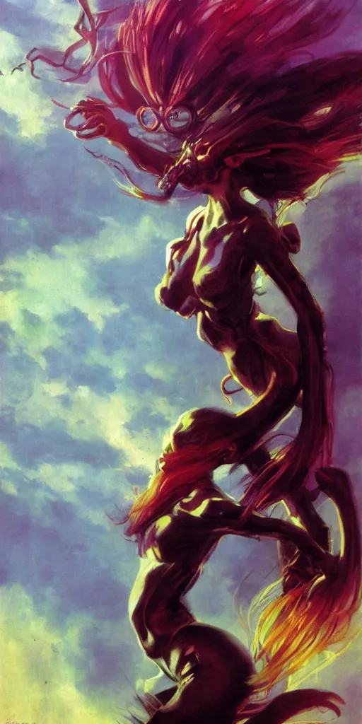 Prompt: an extremely aggressive android monster girl, glowing long hair, thunder clouds, painted by Peter Andrew Jones