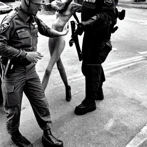 Image similar to extraterrestrial zeta reticulan grey alien, being arrested by spetsnaz