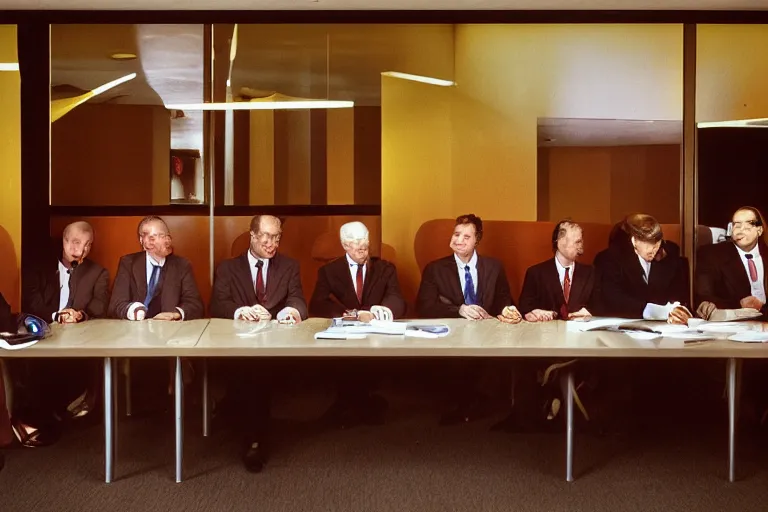 Image similar to Ronald McDonald sat at the desk of a corporate board meeting, surrounded by men in suits, award winning photograph, nikon, 24mm focal length, f/8, fuji velvia, business photography