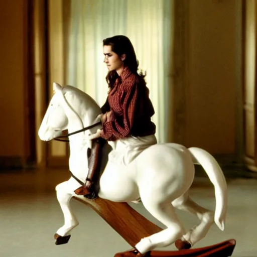 Image similar to 35mm film still of Jennifer Connelly riding a rocking horse, figure portrait