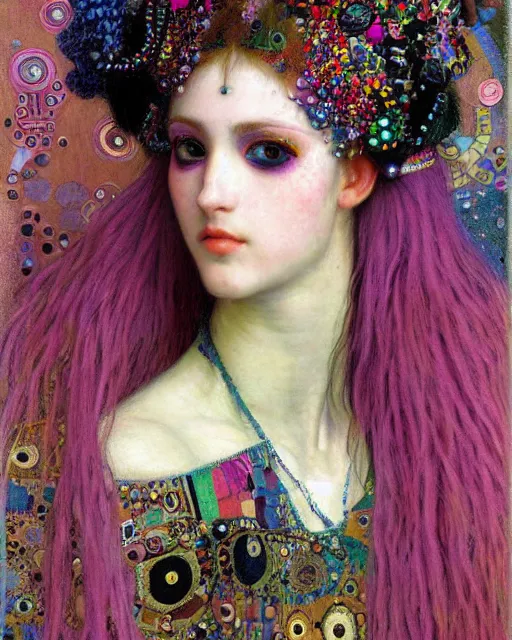 Image similar to a close up of beautiful decora cybergoth emo girl wearing a balaclava surrounded by colourful intricate patterns, by gustave klimt edgar maxence and caravaggio and michael whelan, intricate painting, hyper realistic, extremely detailed and beautiful aesthetic face, inside maximalist baroque vaporwave royalty frames