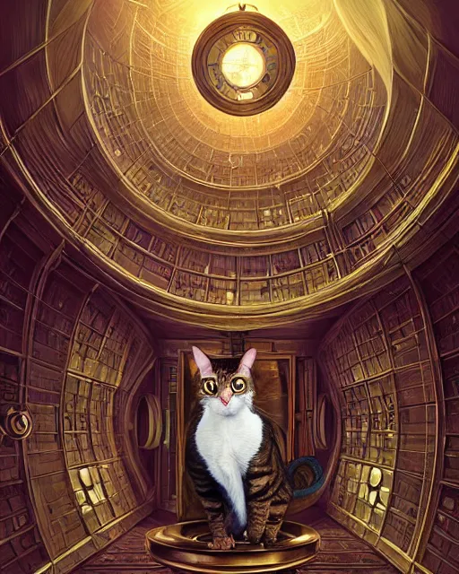 Prompt: anthropomorphic art of a timelord cat inside tardis, victorian inspired clothing by artgerm, victo ngai, ryohei hase, artstation. fractal papersand books. highly detailed digital painting, smooth, global illumination, fantasy art by greg rutkowsky, karl spitzweg, doctor who