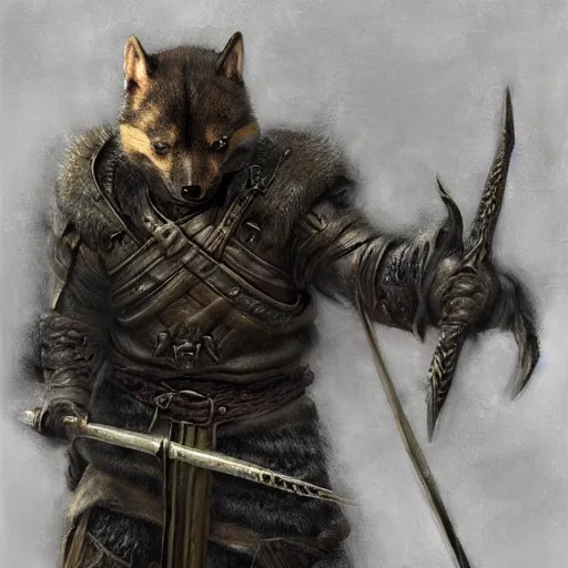 Image similar to skyrim ebony armor, realistic anthropomorphic shiba inu, fantasy, ebony armor glowing aura, by donato giancola and greg rutkowski and wayne barlow and zdzisław beksinski, realistic face, visible face, digital art, artstation, symmetry