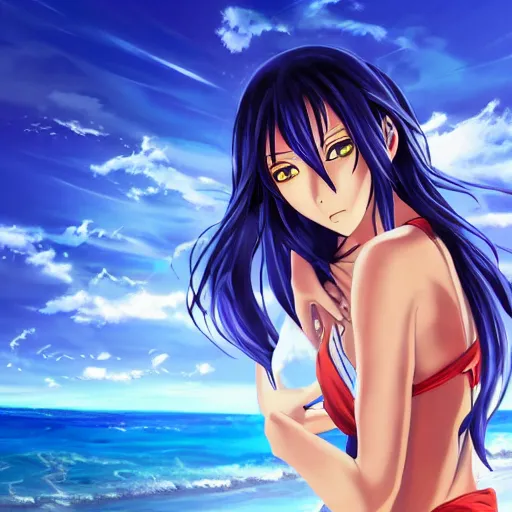 Prompt: anime style, vivid, expressive, full body, 4 k, painting, a cute magical woman with a long wavy black hair at beach, stunning, realistic light and shadow effects, centered, simple background, ikki tousen, studio ghibly makoto shinkai yuji yamaguchi