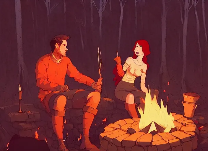 Prompt: a brunette man and a red - haired woman chatting together around a campfire, medieval times by atey ghailan, by greg rutkowski, by greg tocchini, by james gilleard, by joe fenton, by kaethe butcher, dynamic lighting, gradient light blue, brown, blonde cream and white color scheme, grunge aesthetic