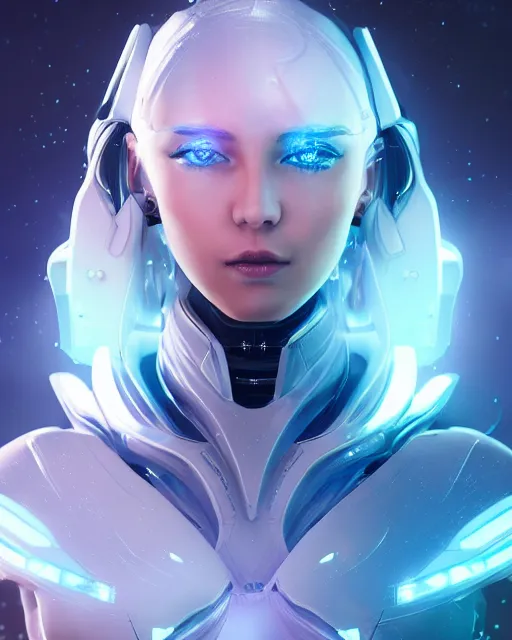 Prompt: perfect android girl on a mothership, warframe armor, beautiful face, scifi, futuristic, galaxy, nebula, raytracing, dreamy, long white hair, blue cyborg eyes, sharp focus, cinematic lighting, highly detailed, artstation, divine, by gauthier leblanc, kazuya takahashi, huifeng huang