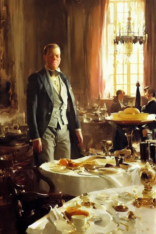 Image similar to portrait of a respectable dignified royal business elite politician standing on top of a finely set table calmly stepping in the food art by anders zorn, wonderful masterpiece by greg rutkowski, beautiful cinematic light, american romanticism by greg manchess, jessica rossier