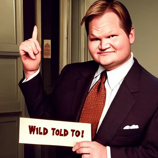 Image similar to Andy Richter is wearing a chocolate brown suit and necktie, holding a sign that reads Stop making these images of me of I WILL tell Conan!! Andy has a stern look on his face