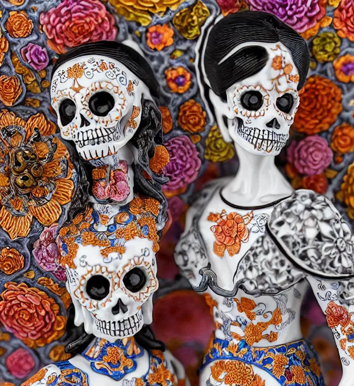 Image similar to La Catrina, A Close up photo-real delicate ceramic porcelain sculpture of a symmetrical ornate detailed in front of an intricate background by Victo Ngai and takato yamamoto, micro detail, backlit lighting, face in focus, subsurface scattering, translucent, thin porcelain, colorful, physically based rendering, japanese pottery, trending on cgsociety