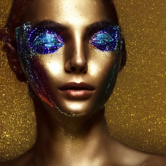 Image similar to portrait of a beautiful futuristic woman layered with high-tech jewelry wrapping around her face and head, golden-silver light with tiny blue, gold, and red gems scattered like dust