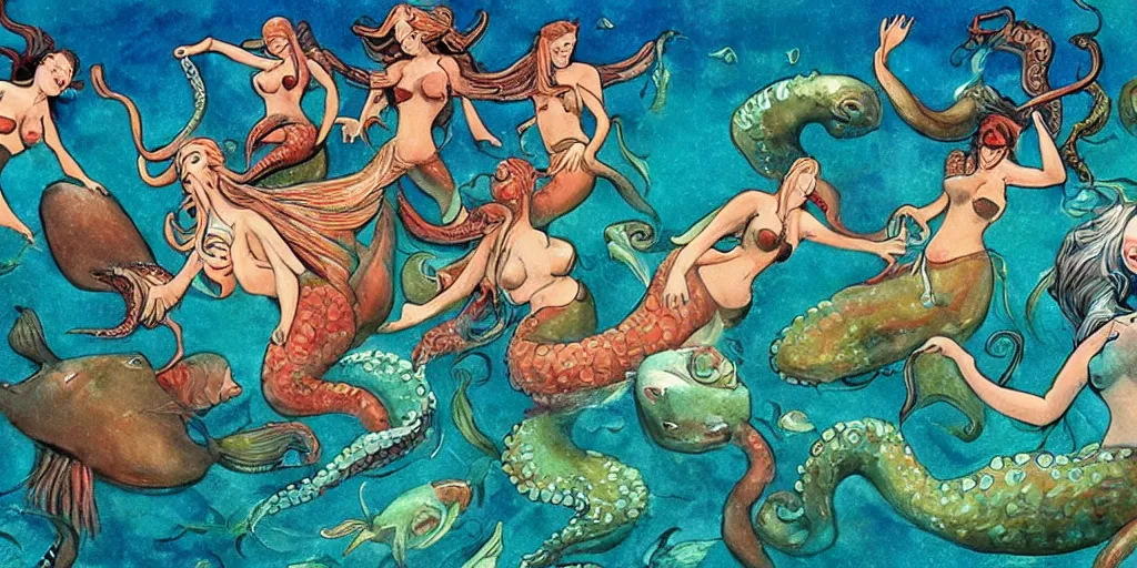 Image similar to divine group of mermaids throwing and hitting eachother with fishes and octopus, fight scene from action movie by tony scott