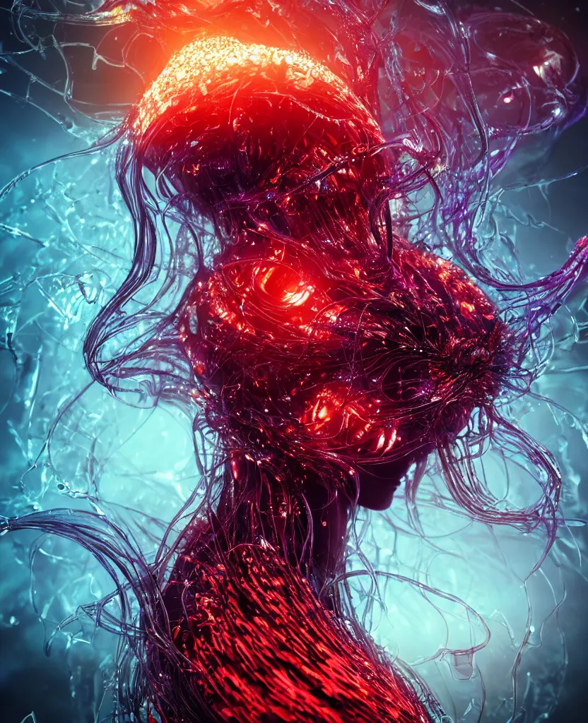 Image similar to close-up macro portrait of the face of a dark queen princess, epic angle, epic pose, symmetrical artwork, 3d with depth of field, blurred background. cybernetic jellyfish phoenix bird, translucent, nautilus. energy flows of water and fire. a highly detailed epic cinematic concept art CG render. made in Maya, Blender and Photoshop, octane render, excellent composition, cinematic dystopian brutalist atmosphere, dynamic dramatic cinematic lighting, aesthetic, very inspirational, arthouse. y Greg Rutkowski, Ilya Kuvshinov, WLOP, Stanley Artgerm Lau, Ruan Jia and Fenghua Zhong