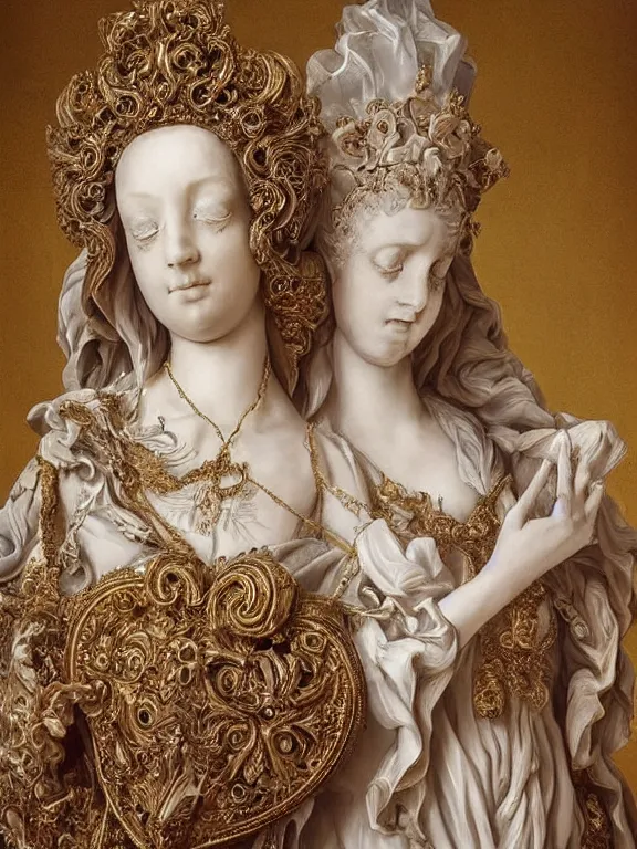 Image similar to a beautiful portrait render of two baroque catholic veiled queen sculpture with symmetry intricate detailed ,heart,pray,love,crystal-embellished,by Daveed Benito,LEdmund Leighton,Virginie Ropars,peter gric,aaron horkey,Billelis,trending on pinterest,hyperreal,gold,silver,ivory,maximalist,glittering,golden ratio,cinematic lighting