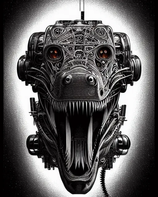 Image similar to intricate mechanical robot trex dinosaur head, transformer, symmetrical illustration, bold line symmetrical illustration by peter gric, hr giger, kim jung gi, joe fenton, scifi, screen print, trending on art station, sharp, high contrast, ultrafine hyper detailed, hd,