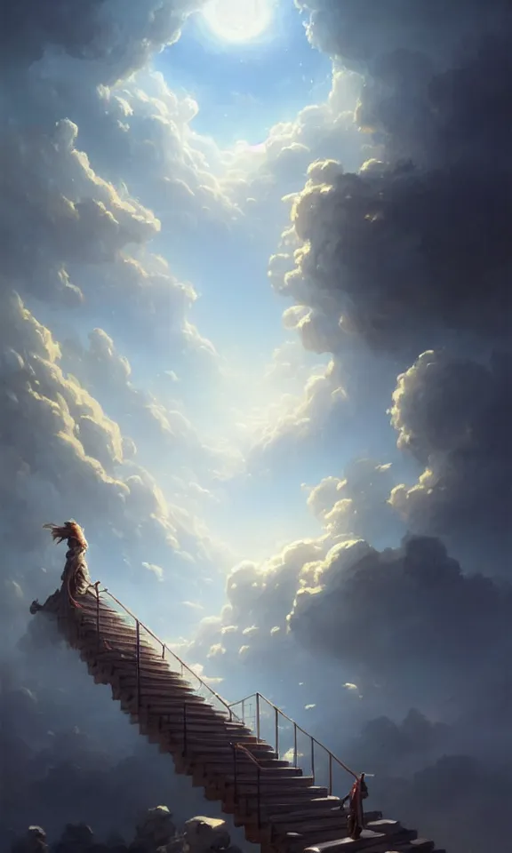 Image similar to straight staircase to heaven, sky full of clouds, art by greg rutkowski and peter mohrbacher, featured in artstation, octane render, cinematic, elegant, intricate, ultra detailed, rule of thirds, professional lighting, unreal engine, fantasy, concept art, sharp focus, illustration, 8 k