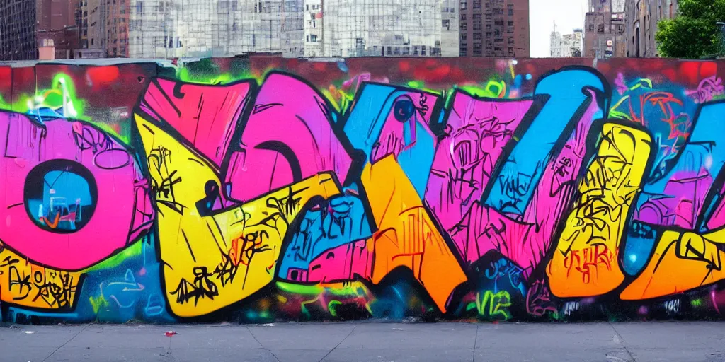 Image similar to beautiful graffiti mural in NYC with the words DOPE ERA in bright color letters, typography, street art, spray paint, hip hop culture