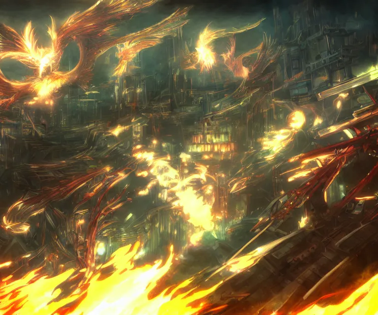 Prompt: neo tokyo, dark fantasy, xenoblade chronicles, concept art, video game, phoenix flames