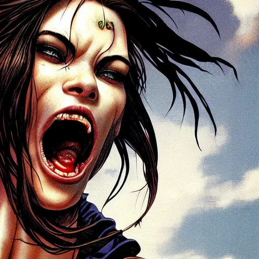 Image similar to portrait closeup of crazy screaming lara croft, symmetrical, cinematic colors, by yoichi hatakenaka, masamune shirow, josan gonzales and dan mumford, ayami kojima, takato yamamoto, barclay shaw, karol bak, yukito kishiro