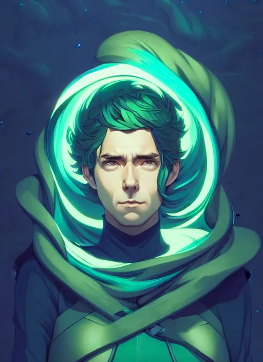 Prompt: style artgerm, joshua middleton, illustration, john krasinski as artificer wearing green pelt light armor, anime eyes, blue hair, swirling water cosmos, fantasy, dnd, cinematic lighting