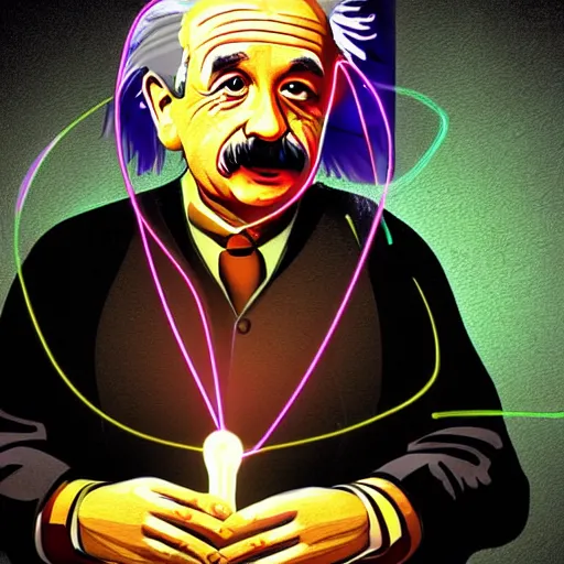 Prompt: brillantly colorful illustration of albert einstein inventing the light bulb