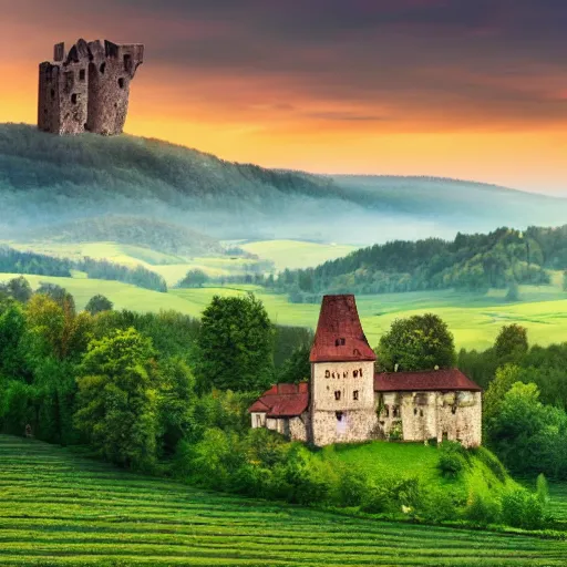 Image similar to Vast verdant valley surrounded by Transylvanian mountains, with a large zeppelin hovering in the foreground, and a ruined medieval castle on the hillside in the background. Late evening light in the summer, gloomy weather. Hyperrealistic, high quality, sharp, photography.