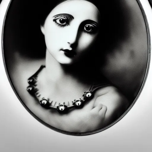 Image similar to black and white photographic dreamy portrait, biomechanical beautiful young female priestess, volumetric light, rim light, by dora maar and cecile beaton, big gothic fashion pearl embroidered collar, 8 k