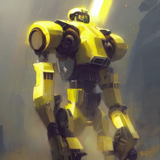 Prompt: yellow mecha with flat head and big sword and shield by Greg Rutkowski