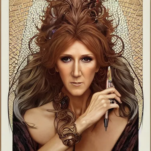 Image similar to amazing lifelike award winning pencil illustration of Celine Dion with gorgon hair trending on art station artgerm Greg rutkowski alphonse mucha cinematic