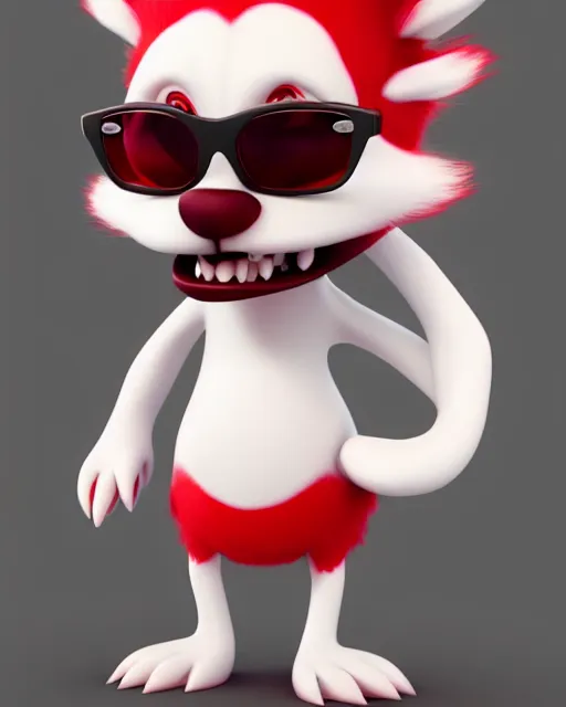 Image similar to 3 d render of completely red hairy friendly antropomorphic cartoony creature wearing white ray - ban shades, full body, simple, no nose, smiling, cute, white background, unreal engine 5 hdr