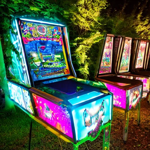 Image similar to al fresco arcade holographic pinball tables in the garden ruins, tree spirits kodama forestfolk excitedly gather round to set a new high score, neon pinball fantasy forest festival