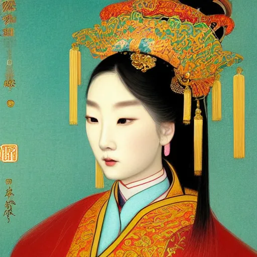 Image similar to hyper realism portrait of Chinese princess by Zhong, Fenghua and Ohara Koson and Klimt, Gustav, stunning, detailing, artstation trending, perfect lighting, golden hour, face detailing