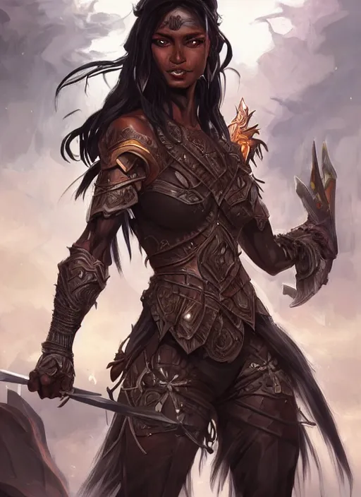 Image similar to beautiful warrior lady, black long hair, practical armor, brown skin, demonic eyes, low fantasy, extremely detailed, sharp focus, smooth, digital illustration, by rossdraws, frank franzzeta, sakimichan